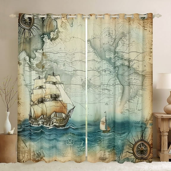 Erosebridal Compass Boat Curtains for Living Room,Mautical Map 30%-50% Blackout Curtains Set of 2 (38x45),Curtains Pack of 2 (38x45),Ocean Theme Decor
