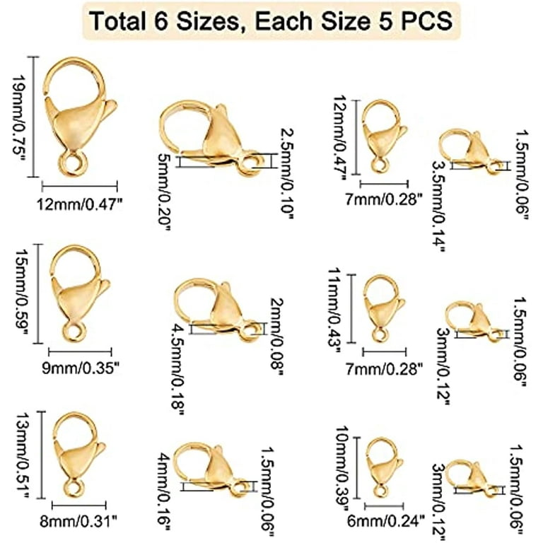 30pcs 6 Sizes Lobster Claw Clasps Stainless Steel Necklace Clasps Fastener Hook End Chain Clasp Golden Jewelry Clasps for Jewelery Making Necklaces