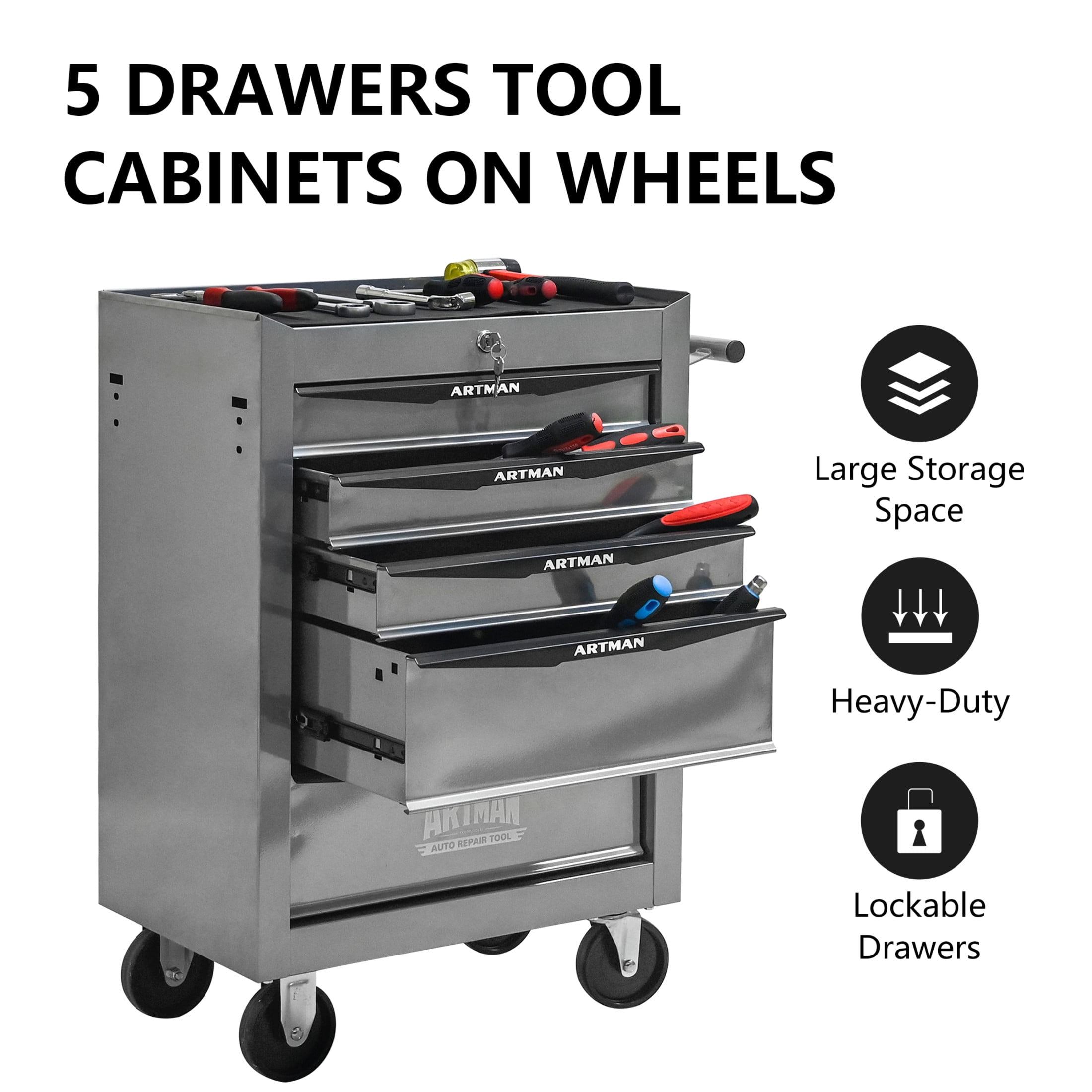 Noble House 5-Drawer Mobile Steel Tool Organizer with Key Lock, Ball Bearing Slide Storage Cabinet Box, Silver