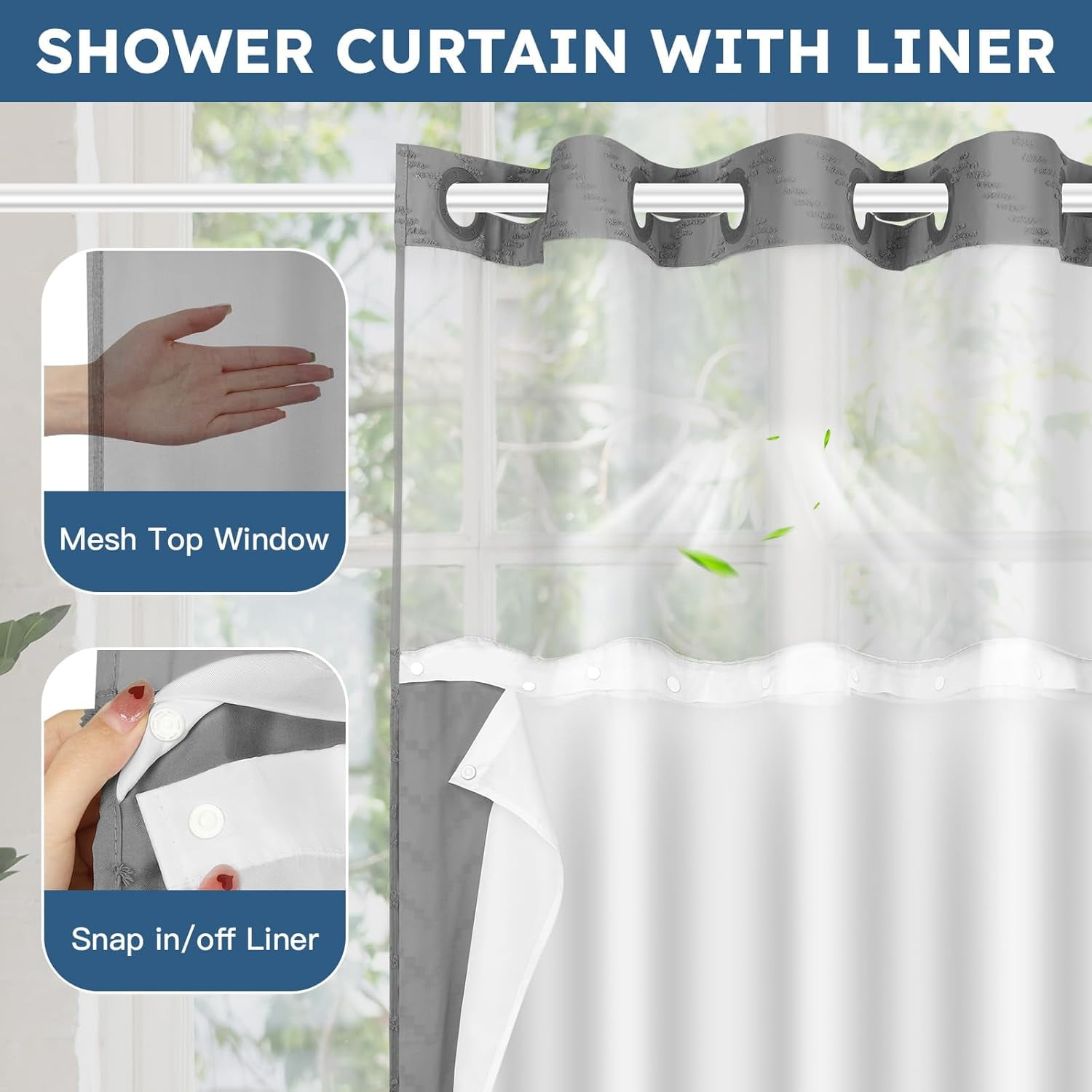 HBlife Grey No Hook Fabric Shower Curtain & Liner Set, 71 x 74, Waterproof, Washable, See Through Top Window, 71" x 74"
