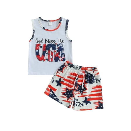 

Qtinghua 4th of July Toddler Baby Boy Letters Print Tank Top with Stars Shorts Independence Day Summer Outfits White 0-6 Months