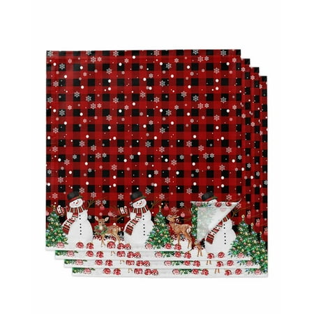 

Red Christmas Plaid Cloth Napkins Set of 4 Xmas Tree Snowflake Elk Balls Washable Reusable Dinner Cocktail Napkin for Kitchen Party Wedding Banquet Holiday Baby Shower Table Decor