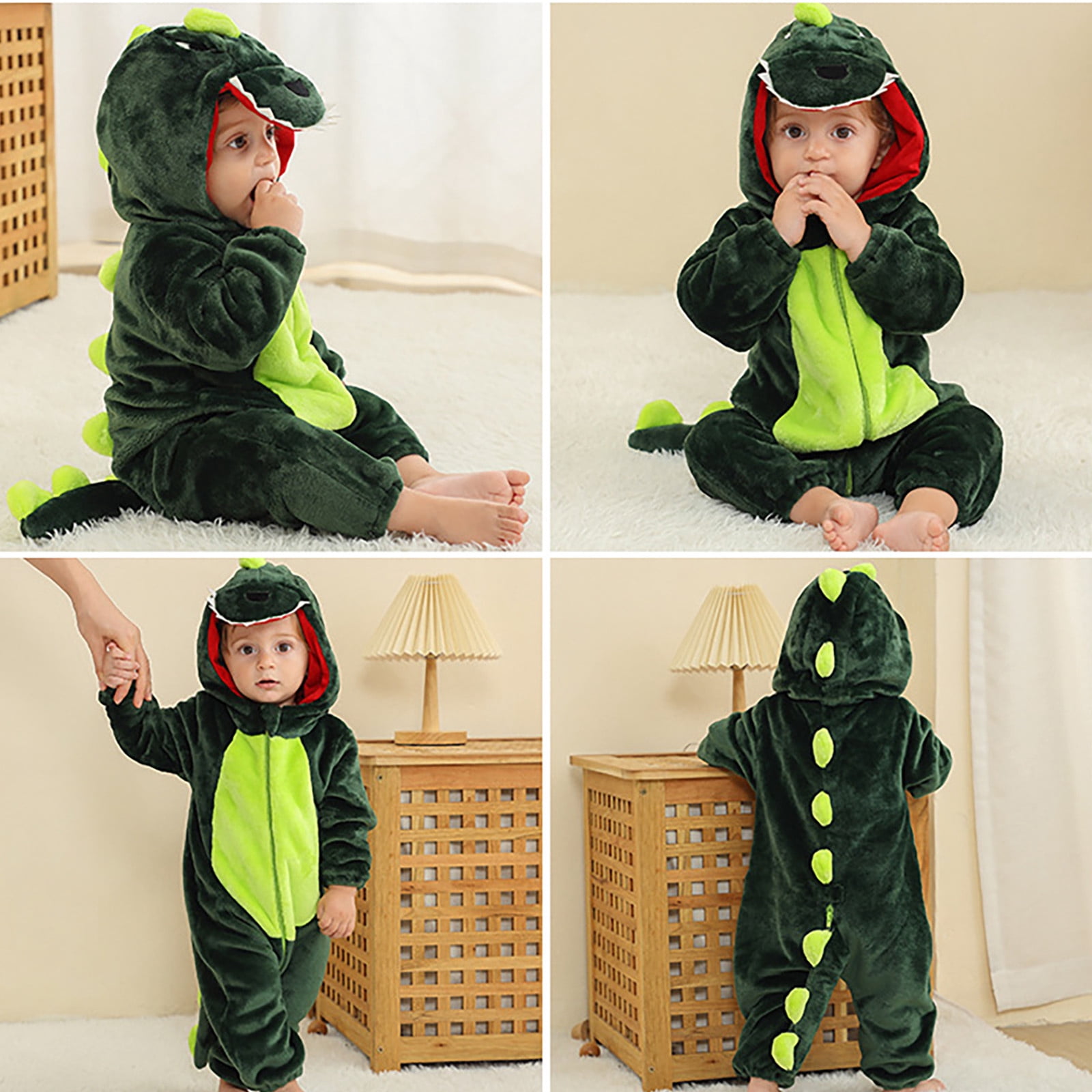 WOYY Toddler Boys Dinosaur Romper Soft Flannel Hooded Jumpsuit Zipper Onesies, Sizes 2-3T