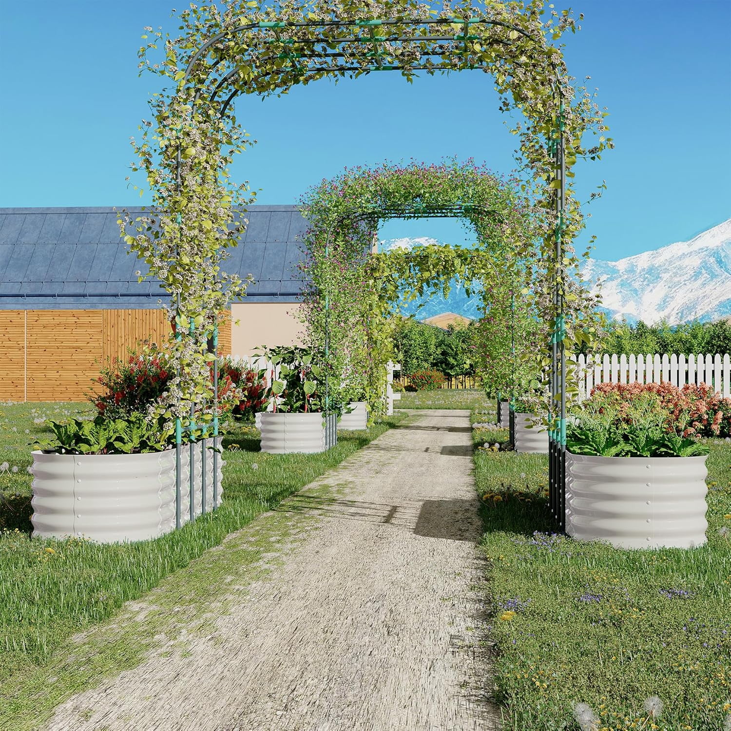 Riedhoff 2 Pack Raised Garden Bed Kit 6.56*1.96*1.47'​​, with 7.87' Tall Arch Trellis, Off-white