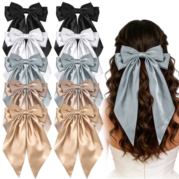 10 Pack Vintage Hair Bows for Women & Girls - Long Tail Satin Hair Clips, Neutral Colors Hair Ribbon Accessories for Daily Wear & Special Occasions