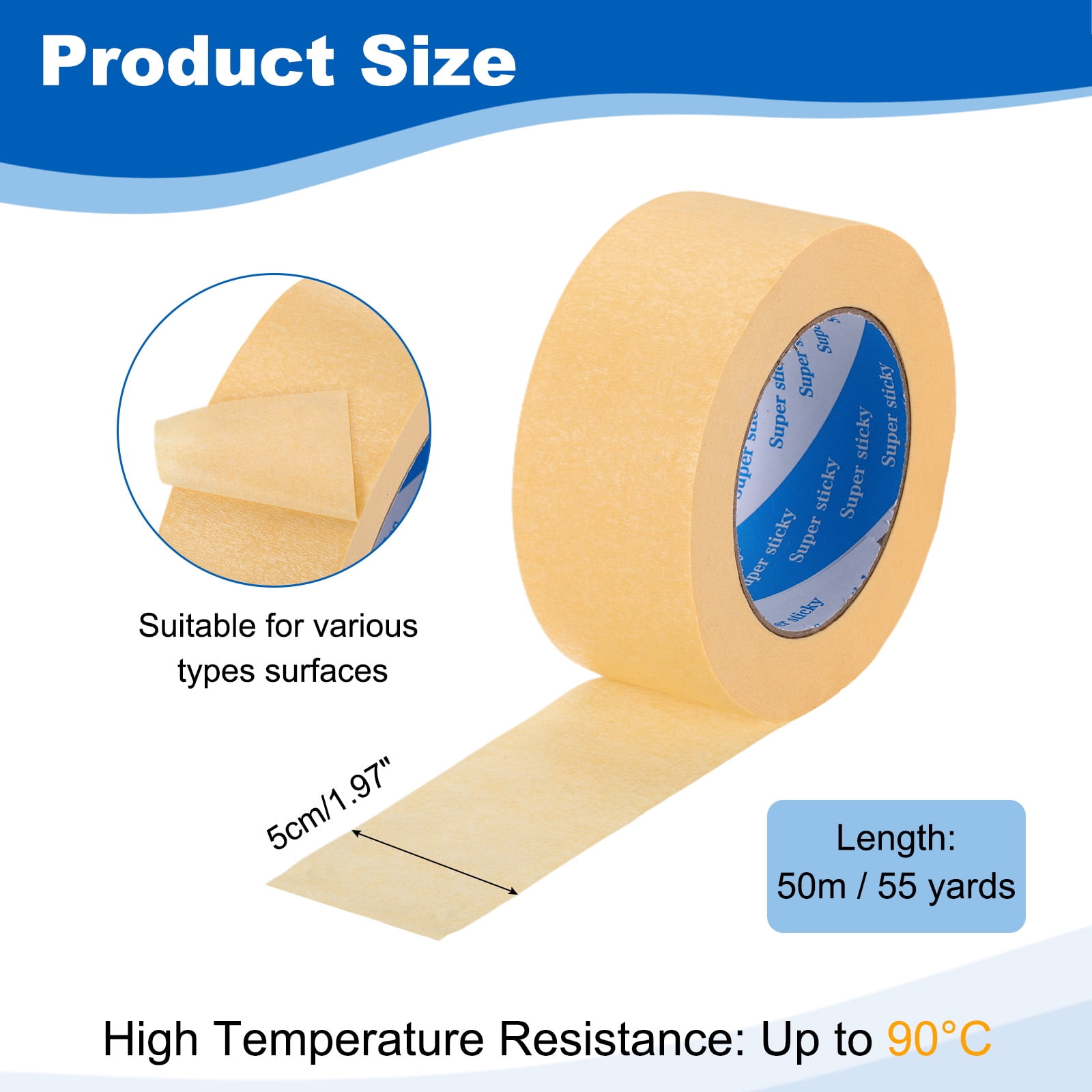 Uxcell Painters Tape, High Temperature Resistant Paint Masking Tape Adhesive for Wall Painting Craft Arts Decoration Drafting Light Yellow 1.97 Inch x 55 Yards