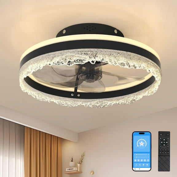 Black Crystal Fandelier Ceiling Fan with Light, 16 Inch Low Profile Modern Ceiling Fan with Remote for Bedroom Living Room