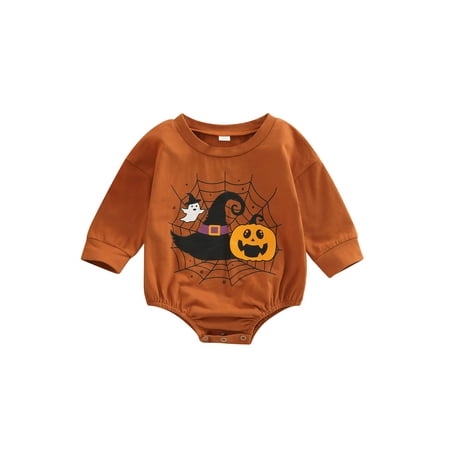 

jaweiwi Baby Boys Girls Halloween Romper Long Sleeve O Neck Ghost Pumpkin Spider Web Print Playsuit Size 0 6 9 12 18 M