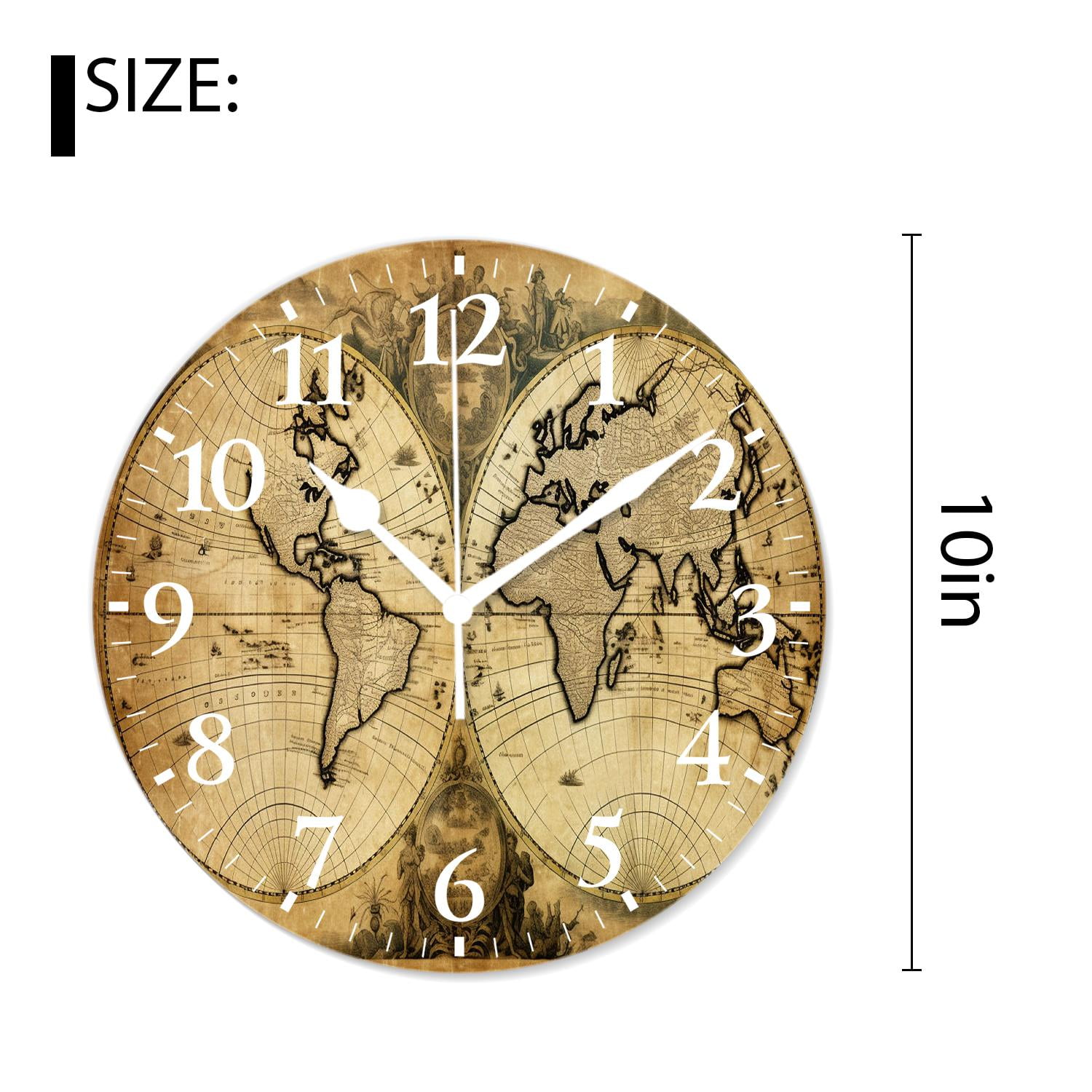 10 Inch Wall Clock Battery Operated Silent Clock Decorative for Office, Kitchen, Outdoor, Living RoomRetro World Map