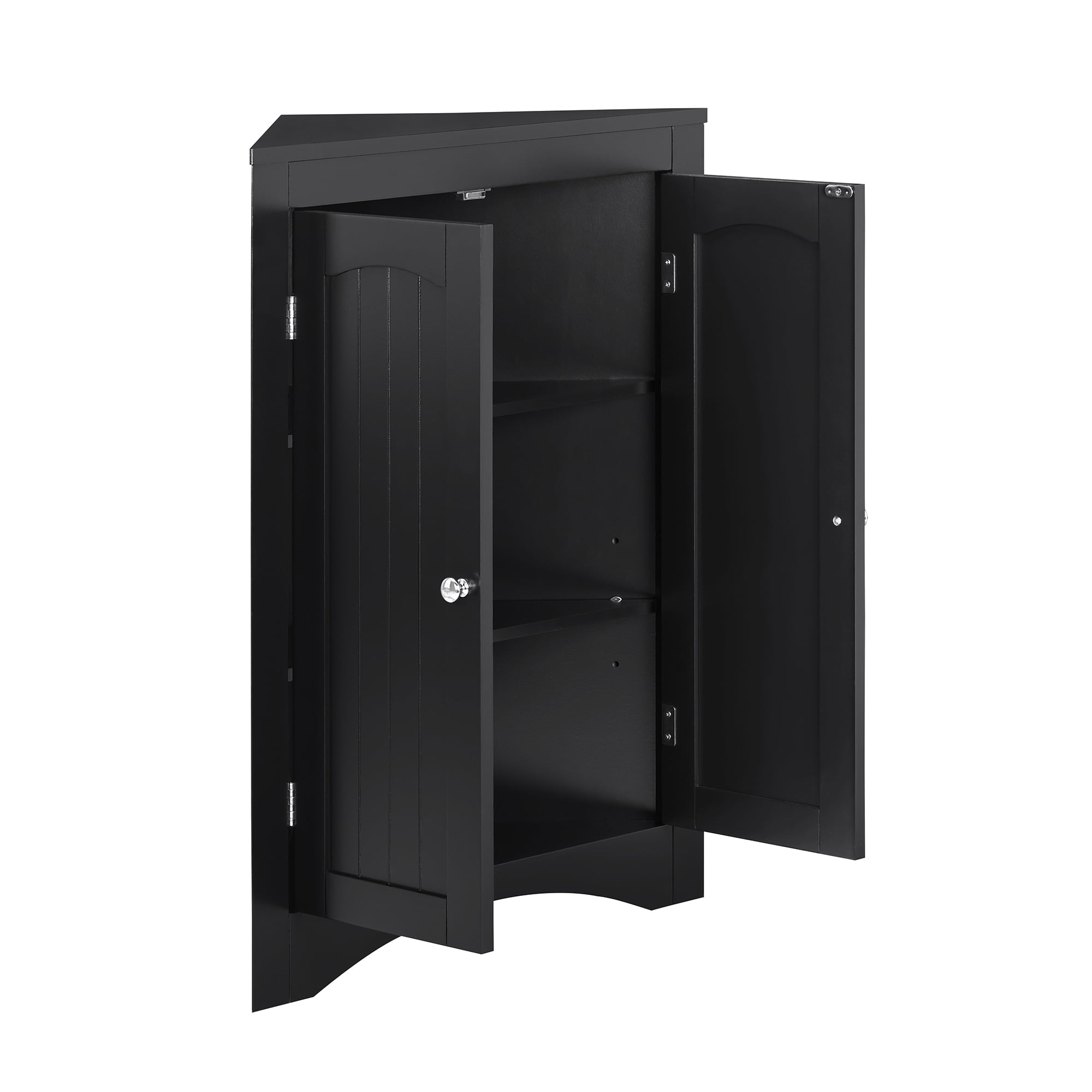 Small Corner Cabinet, Wood Corner Table with 2 Doors and Adjustable Shelves, Bathroom Storage Organizer, Floor Pantry Cabinet for Living Room, Kitchen