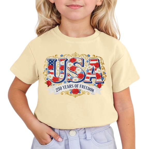 CONZONE Independence Day Girls Tshirts Short Sleeve 4Th Of July T Shirts For Girls Usa Letter Graphic Crew Neck Fashion 250Th Anniversary Kids Spring Summer Tops