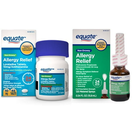 Equate Loratadine Non-Drowsy Allergy Relief Tablets (45 Ct) & Equate Fluticasone Nasal Spray (120
