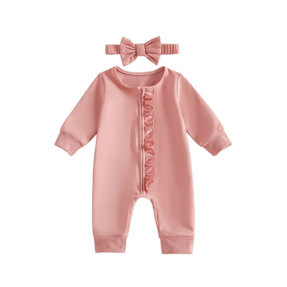 RUINIXCW Baby Girl Autumn Zip Romper Long Sleeve Bodysuit with Headband 2 Pcs Set