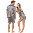 thumbnail image 6 of VV AVEORS Satin Matching Pajamas Sets Couple Silk Button Down Nightwear Women & Men Short Sleeve Sleepwear 2 Pieces Loungewears Dark Gray 3XL, 6 of 8