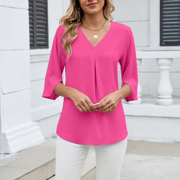 YueHuiYing Women's Fashion Solid-Color Chiffon Blouse with Mid-Length Sleeves Pleated V-Neck Loose Fit