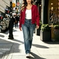 thumbnail image 6 of Jewelreauty Womens Light Jackets with Thumb Holes Pockets Long Sleeve Full-zip Bomber Coat Collarless Outwear (M, Red), 6 of 7