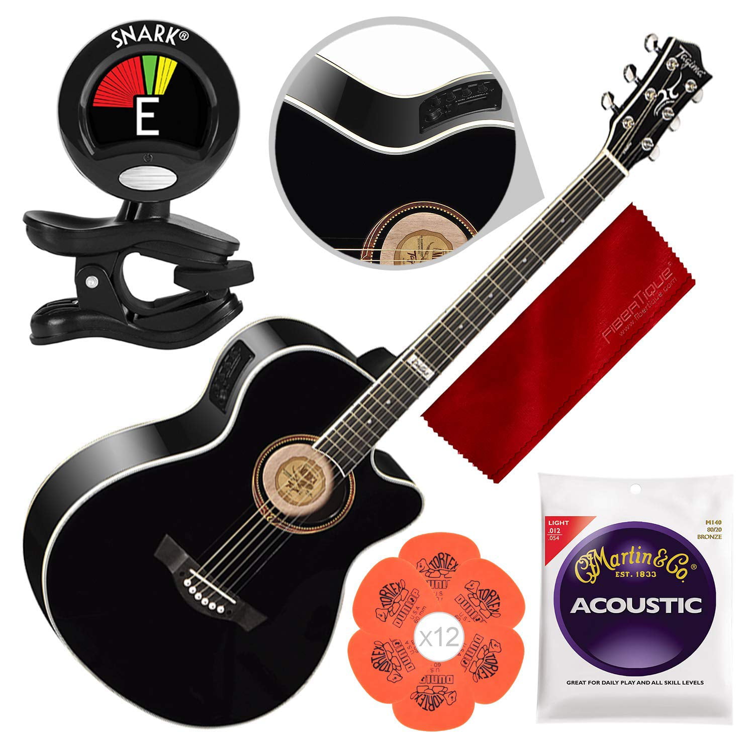 Tagima America Series Dallas-T NS Acoustic Electric Guitar, Black with  Clip-On Tuner & Accessory Bundle