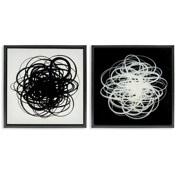 Stupell Industries Black & White Tangled Lines Abstract Painting Black Floater Framed Canvas Art Print Wall Art, 18 x 18, Set of 2
