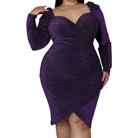 

ALSLIAO Plus Size Women Sexy V-Neck Irregular Short Skirt Long Sleeve Slim Evening Dress Purple 4XL