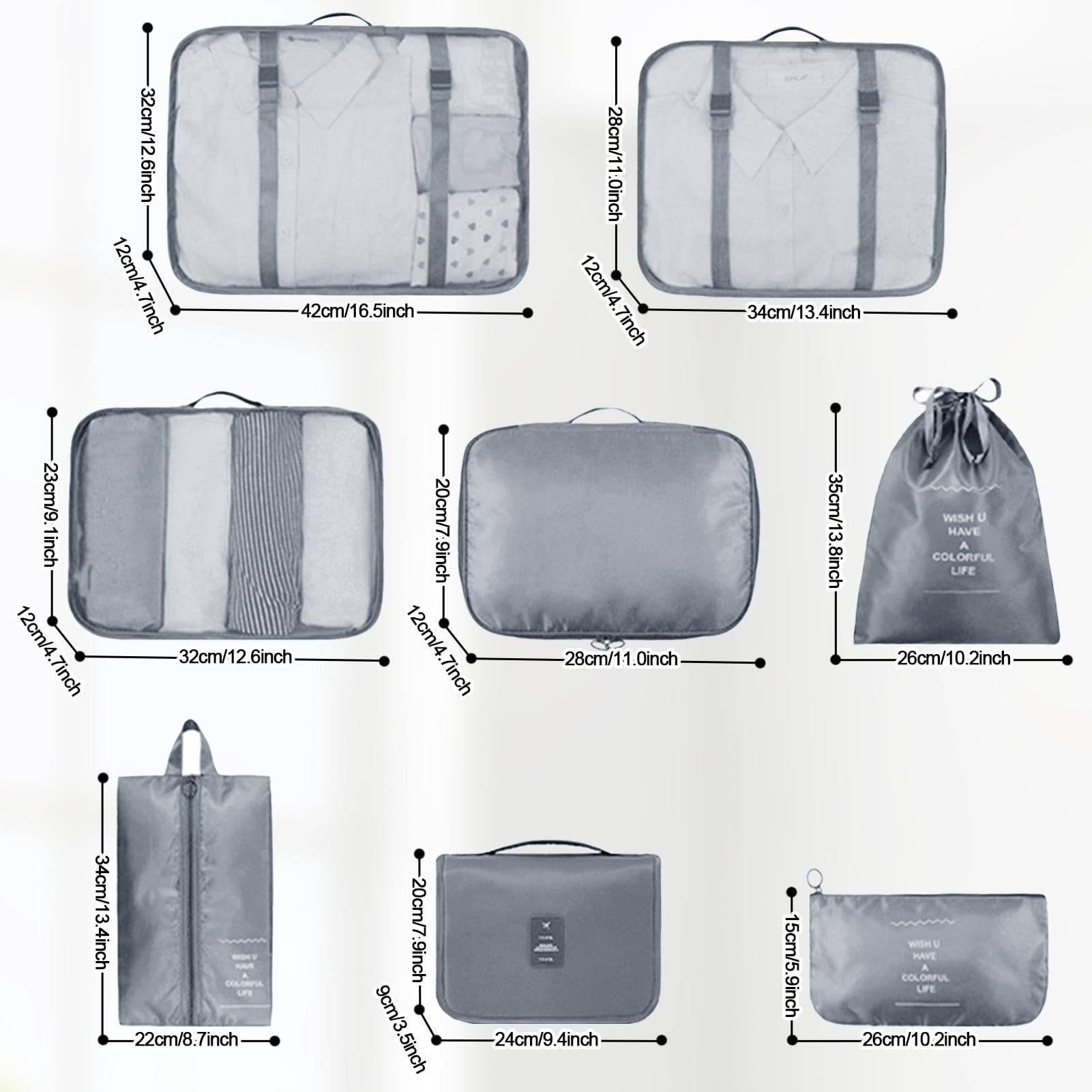 HonorHut 8 Set Packing Cubes Lightweight Organizer Bags Mesh Luggage Packing Bags Durable Storage Totes Travel Essentials Accessories Grey