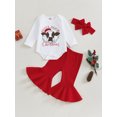 thumbnail image 2 of Suealasg Baby Girls Christmas Outfits 3 6 12 18 Months Cow Print Long Sleeve Rompers and Flared Pants Headband Set 3Pcs Casual Spring Fall Clothes for Infant Girls, 2 of 7