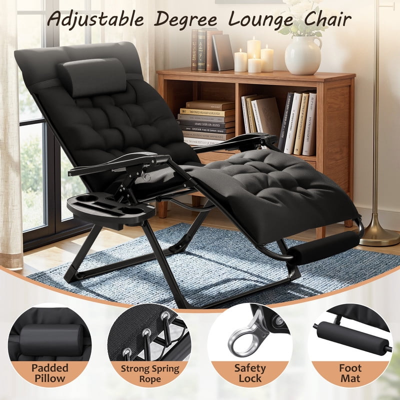 Homall Oversized Zero Gravity Chair with Removable Thick Cushion, Lawn Patio Reclining Chair Upgraded Alloy Lock and Cup Holder, for Indoor Outdoor, Black
