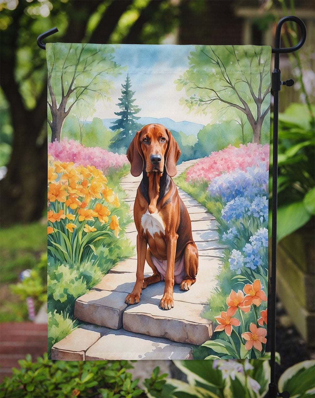 Redbone Coonhound Spring Path Garden Flag 11.25 in x 15.5 in