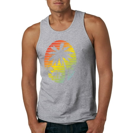 Tropical Palm Trees Silhouettes with Sunset | Mens Pop Culture Graphic Tank Top, Heather Grey, X-Large