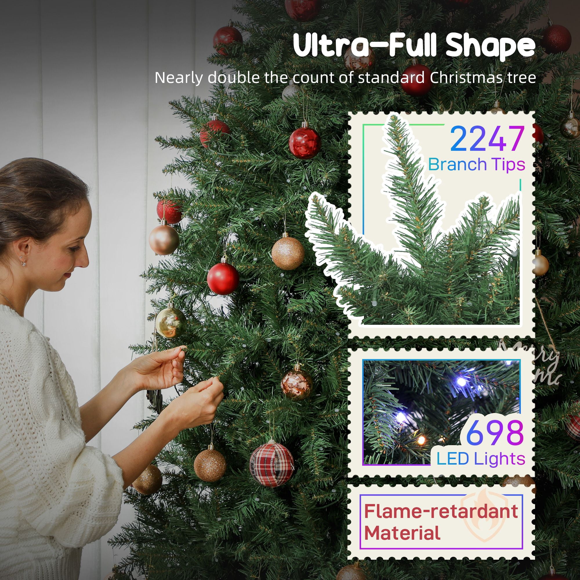 7.5 ft Prelit Christmas Tree with 698 Full-Spectrum LEDs, 2247 Tips, Smart App Control, Hinged Design, Indoor Holiday Decoration