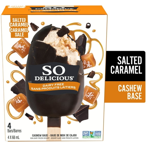 So Delicious à Saveur de Caramel Salé, Sans Gluten, Sans Produits Laitiers, Barres Glacées à Base de Noix de Cajou 4x68 ml