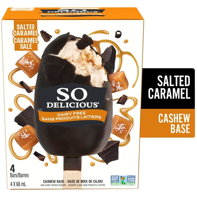 So Delicious à Saveur de Caramel Salé, Sans Gluten, Sans Produits Laitiers, Barres Glacées à Base de Noix de Cajou 4x68 ml