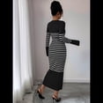thumbnail image 4 of Vestido de Suéter A Rayas con Cuello en V para Mujer, Larga, Ajustado, Midi. Negro M, 4 of 7