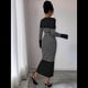 thumbnail image 4 of Vestido de Suéter A Rayas con Cuello en V para Mujer, Larga, Ajustado, Midi. Negro L, 4 of 7