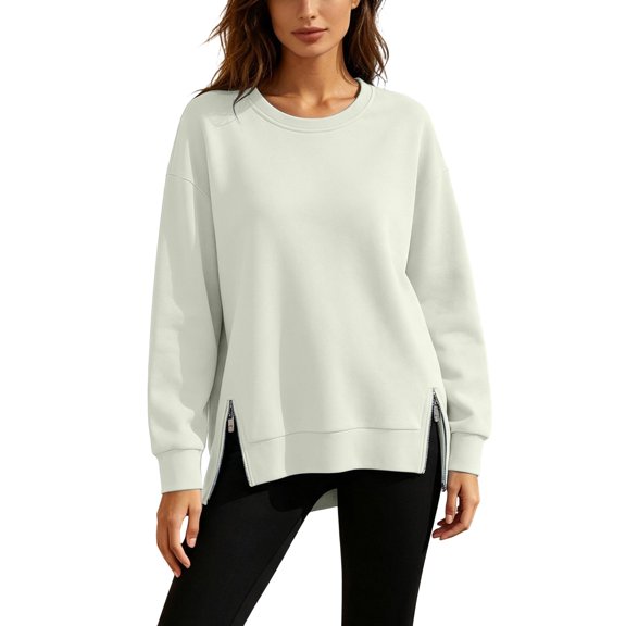Oversized Sweatshirts for Women Crewneck Trendy Long Sleeve Loose Side Slit Lightweight Sweater Fall Tops