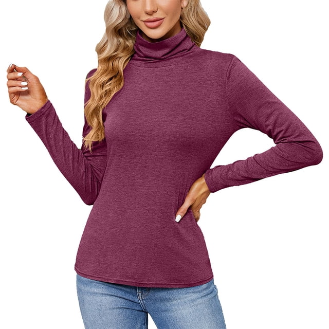 Prolriy Chemises à Manches Longues pour Femmes, T-Shirt Ajusté à Manches Longues et Col Montant Uni pour Femmes, Haut de Base pour Sortir, Hauts Tendance pour Femmes Rouge P