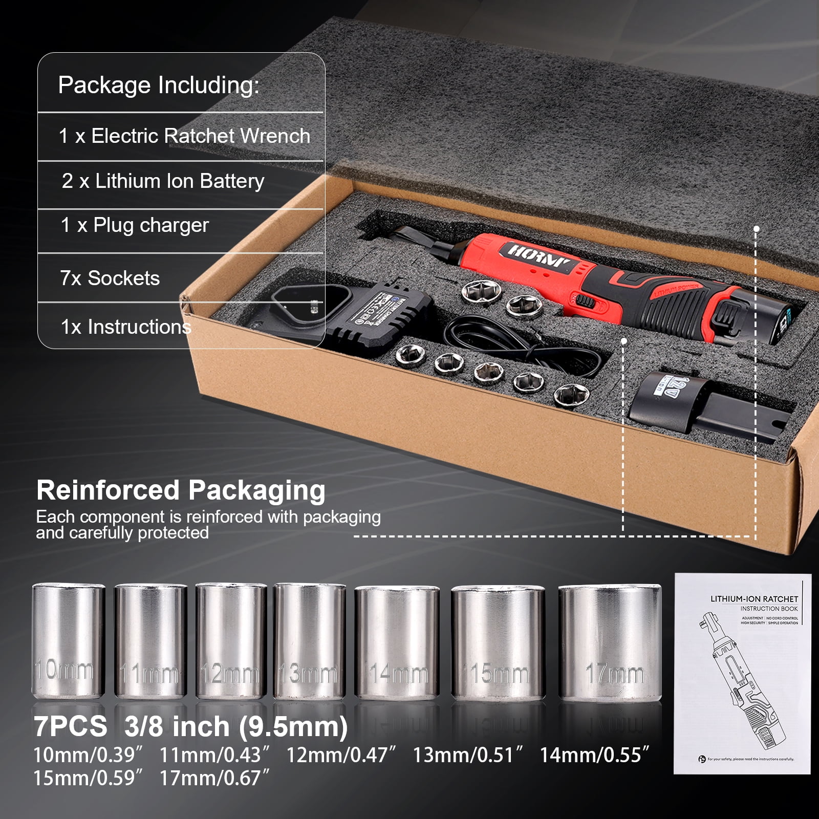 TJT 12V Electric Cordless Ratchet 3/8" Right Angle Wrench Impact Power Tool with 2Pcs 2Ah Battery