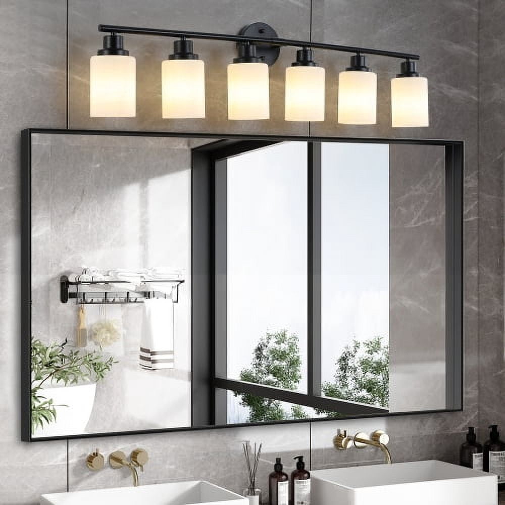 ACE-LIGHTS,Modern 6-Lights Vanity Bathroom Mirror Light with Frosted White Glass(Bulbs Not Included),Contemporary Wall Sconce for Bathroom,Dressing Room,Bedroom,Living Room(Black)