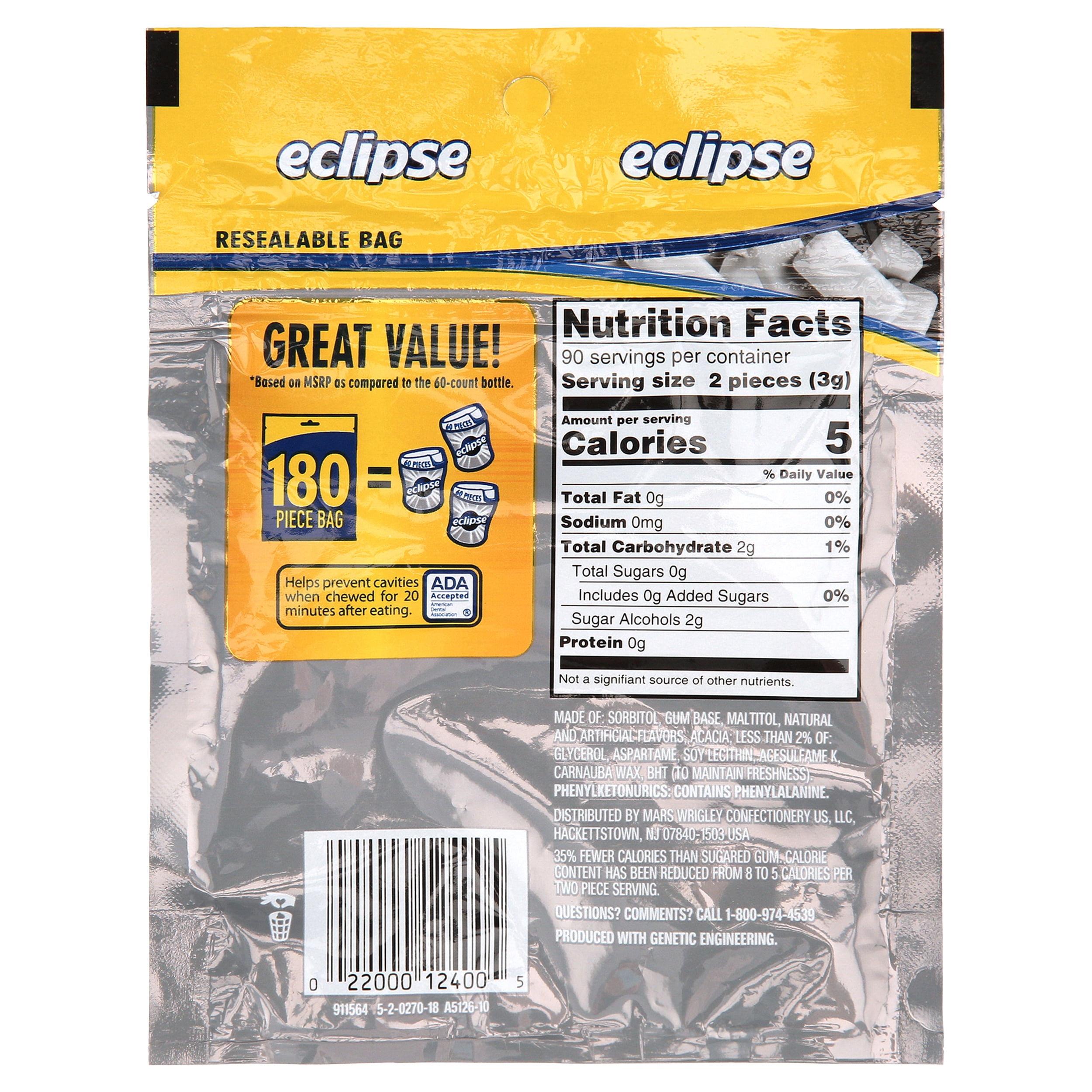 Eclipse Gum, Polar Ice, Sugar Free, 180 Piece Bag