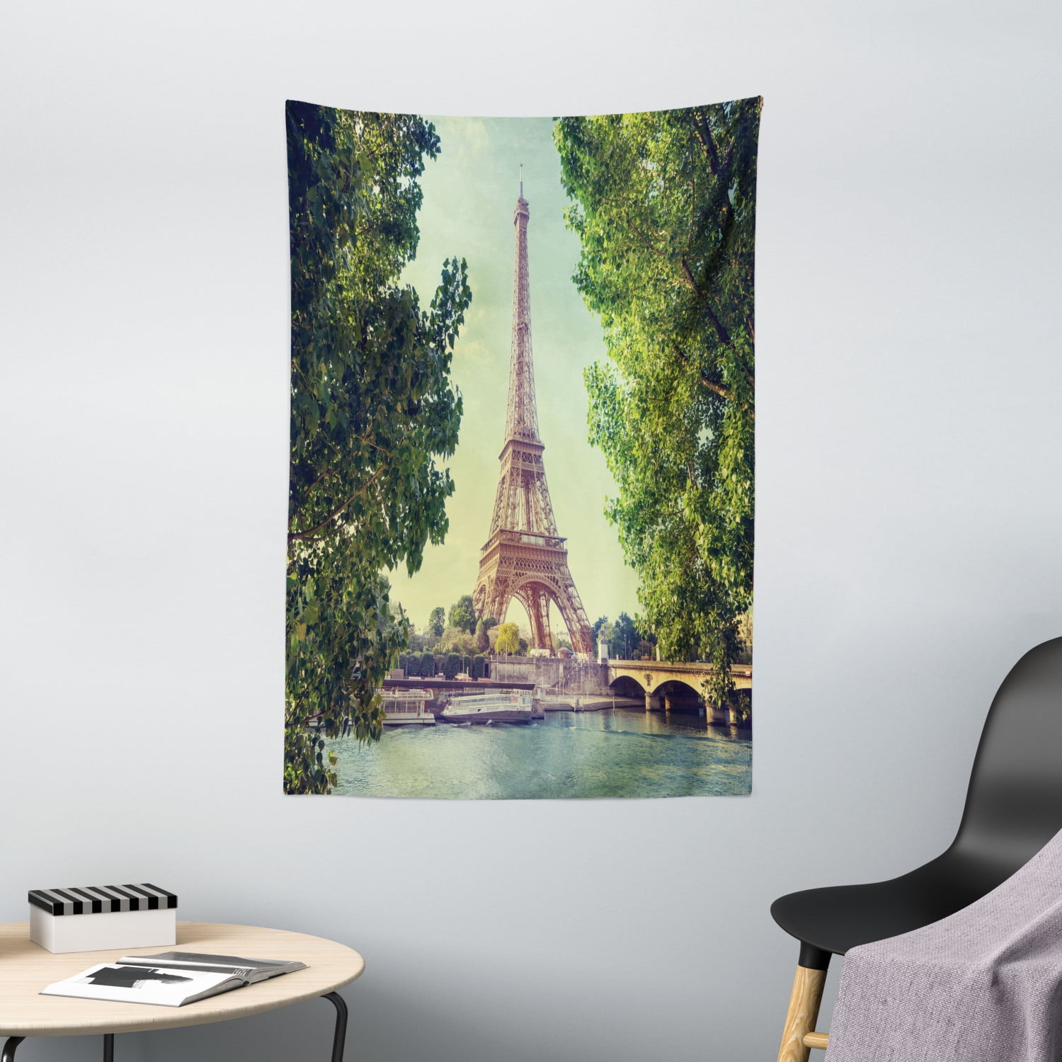 Paris Tapestry, Eiffel Tower Seine River Picture France European Landmark Image, Wall Hanging