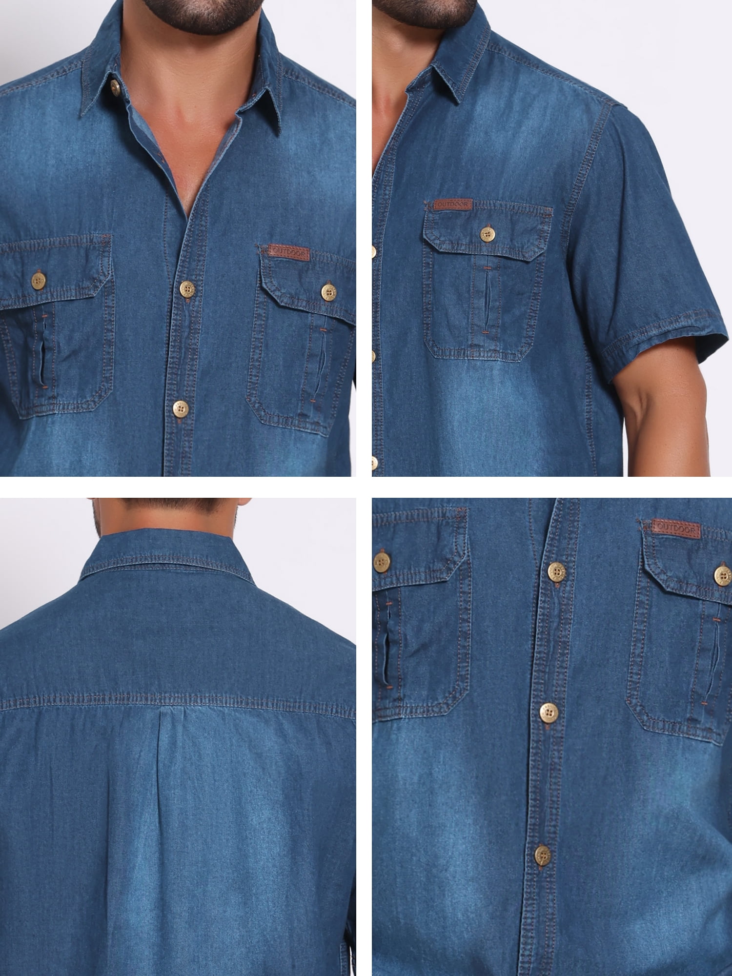 DARING DIVA Men's Denim Chest Pockets Western Retro Short Sleeve Shirts L Dark Blue