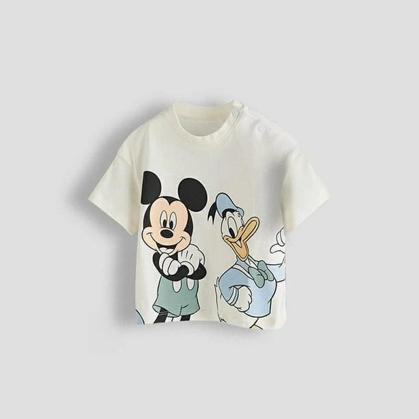 Disney-camisetas de Mickey para niños y niñas, ropa informal, holgada, fina, con cuello redondo, de manga corta, 2024