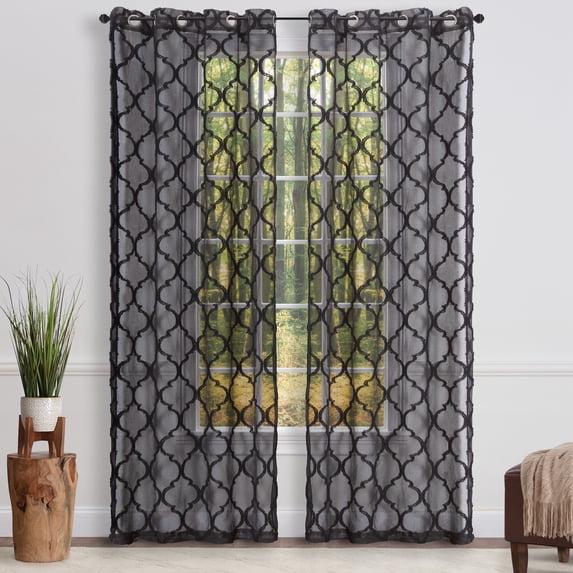 Chanasya Embroidered Moroccan Sheer Grommet Curtain Panel Set - Black