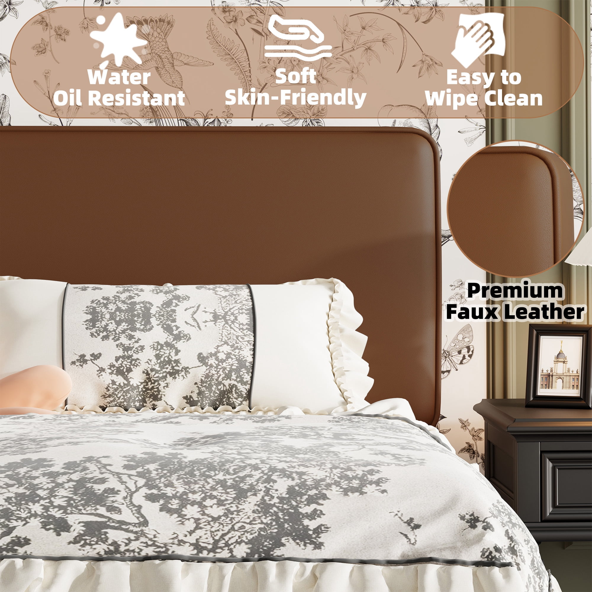 Frostbloom Full Bed Frame, Upholstered Faux Leather Platform Bed with Adjustable Headboard, Dark Brown
