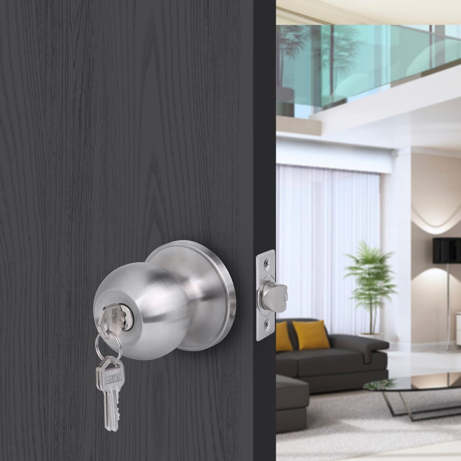 YIHATA 5 Pack Keyed Alike Doorknobs, Entry Doorknob Lock with Keys, Round Ball Door Knobs for Front Door, Exterier and Interier Doors, Satin Nickel Finish