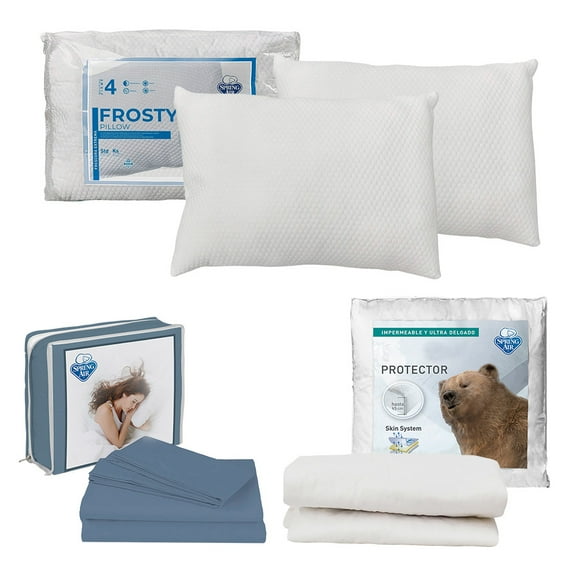 Protector de Colchón Matrimonial + Juego de Sábanas Azul Acero + Almohada Frosty 2