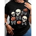 thumbnail image 2 of Casual Halloween Graphic Tee Skull Pumpkin Checkered Bow Print Autumn Winter Streetwear Top Gift For Women Friends, 2 of 5