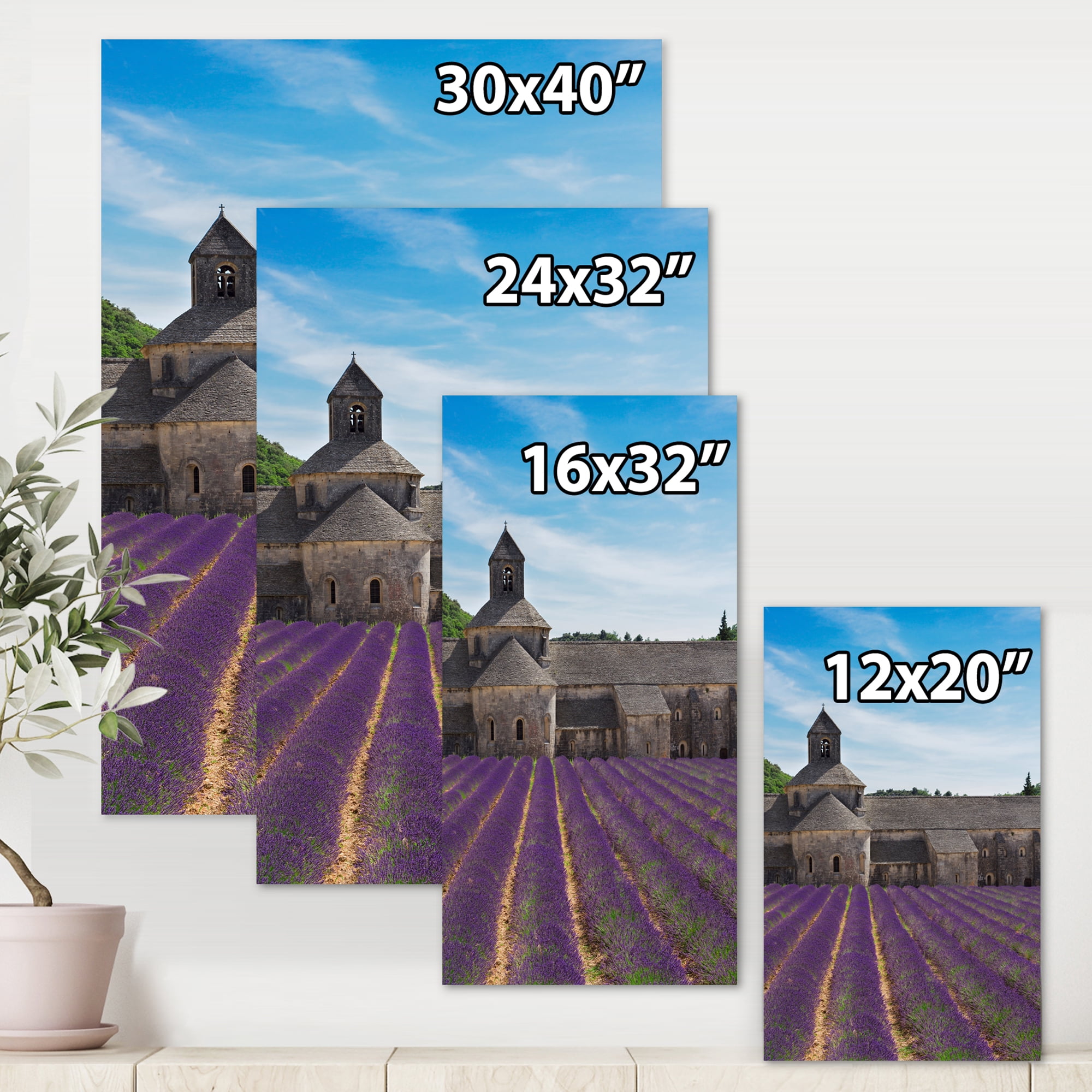 Abbey With Lavender Field In France 16 in x 40 in Photography Canvas Art Print, by Designart