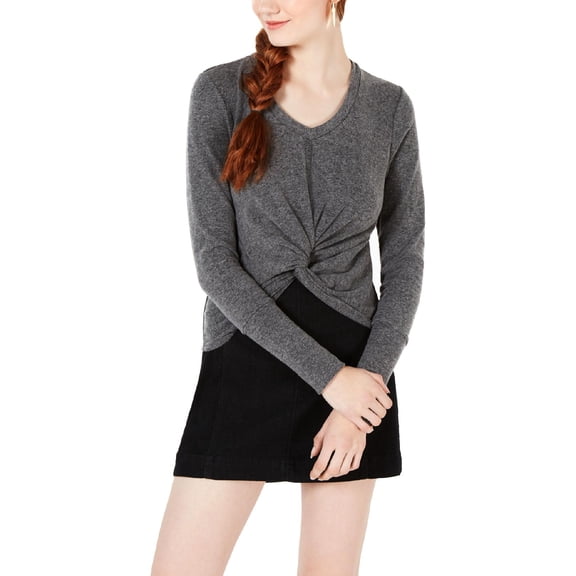 XOXO Womens Juniors Twist Front Long Sleeves Crop Sweater Gray S