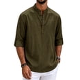 thumbnail image 2 of Satingcolo Linen Henley Shirts for Men V Neck Long Sleeve Band Collar Button Shirts Casual Breathable Vacation Hippie Top,Army Green S, 2 of 5