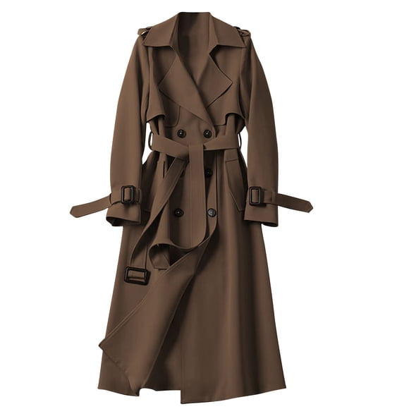 uublik Trench Coat for Women Long Pea Coats Open Front Lapel Jackets Casual Belted Trench Coat Overcoats with Pockets Coffee